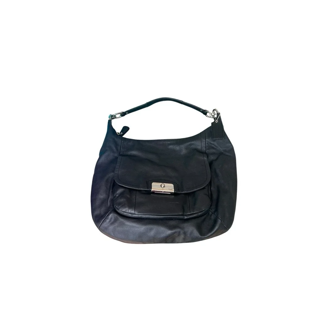 Coach F22309 Kristin Black Leather Pink Satin Liner Hobo Shoulder‎ Bag Flip Lock
